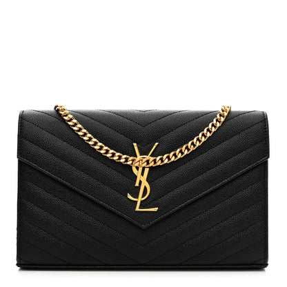 Saint Laurent Grain De Poudre Matelasse Chevron Monogram Chain Wallet Black 1 of 9