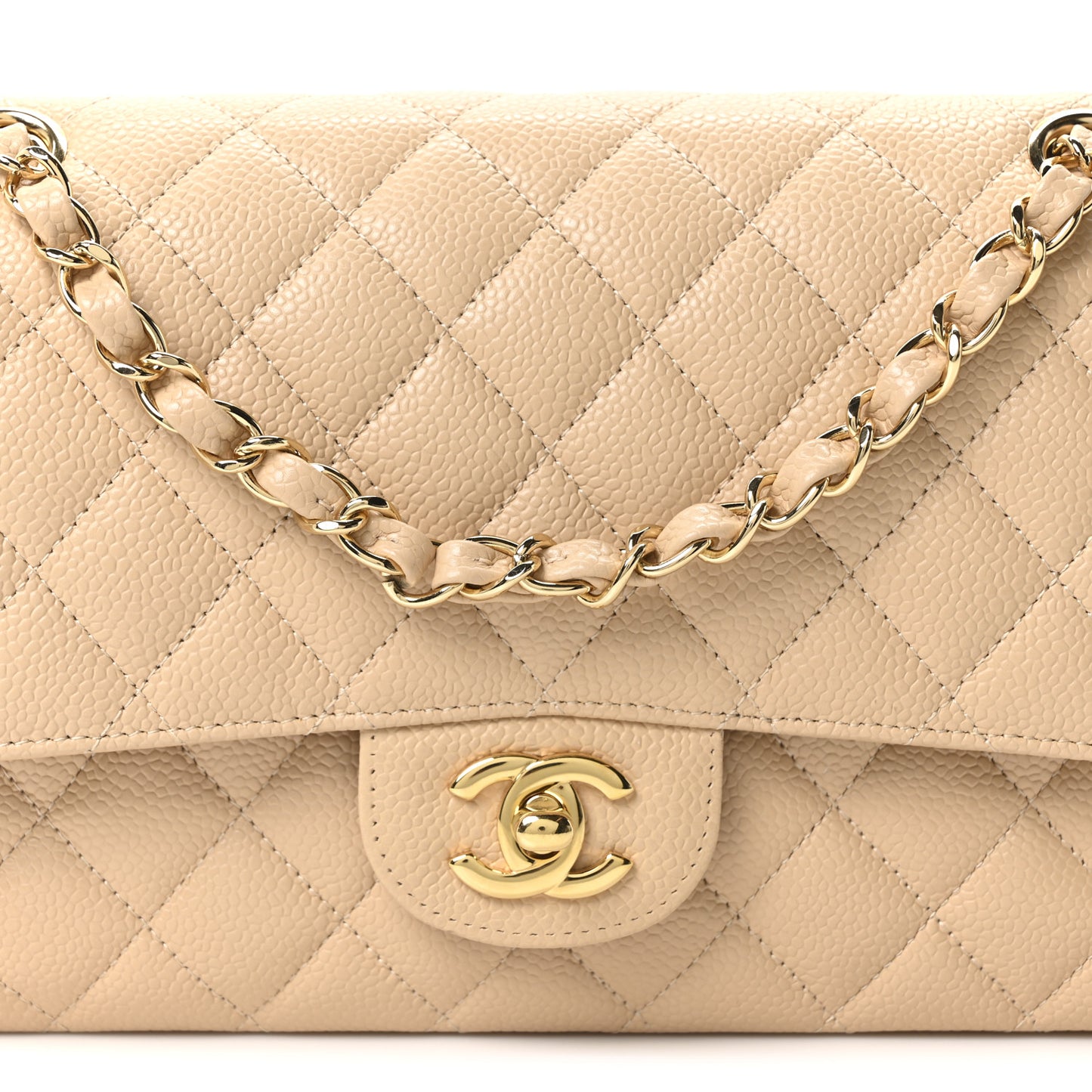 Caviar Quilted Medium Double Flap Beige