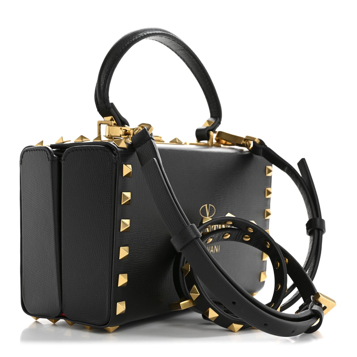 Grainy Calfskin Rockstud Alcove Box Top-Handle Bag Black