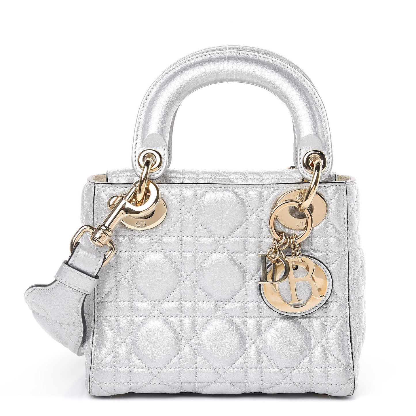 Metallic Grained Calfskin Cannage Mini Lady Dior Silver