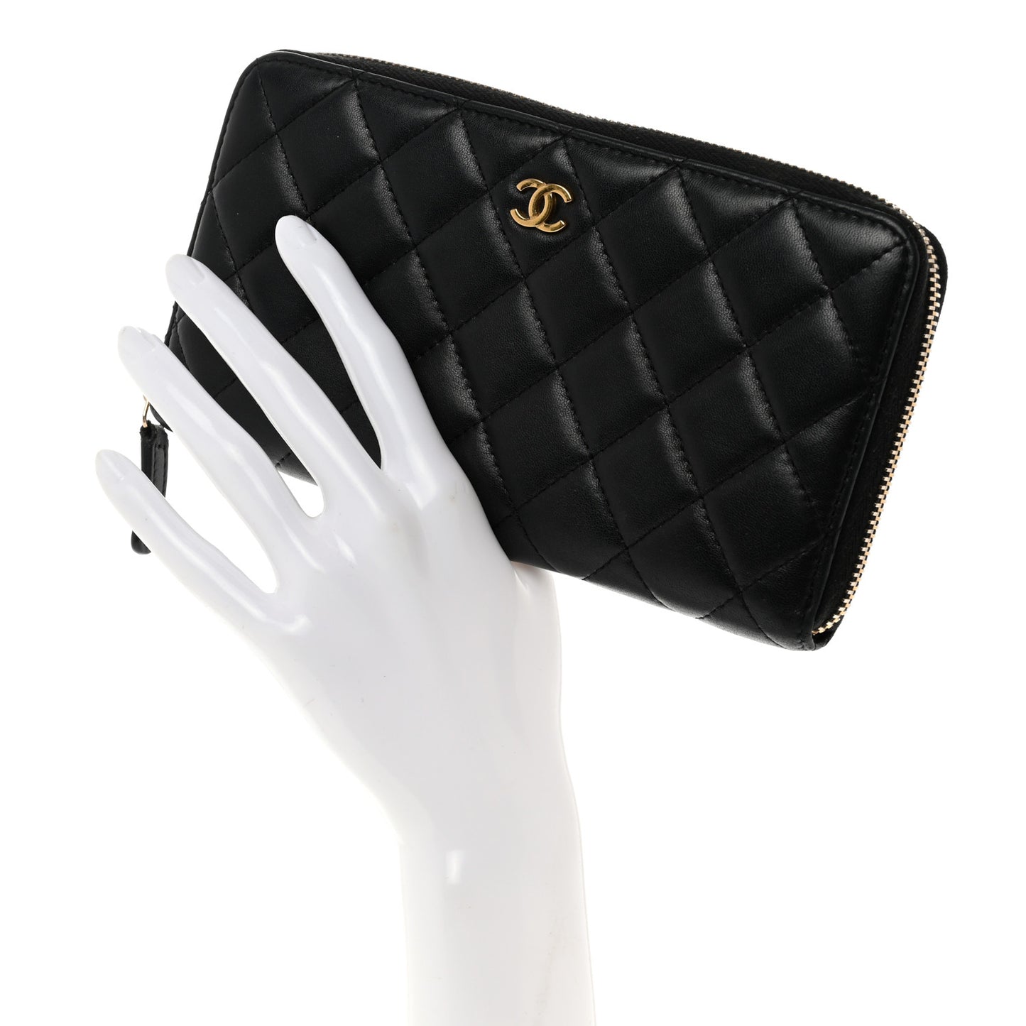 Lambskin Quilted Large Gusset Zip Around Wallet Black