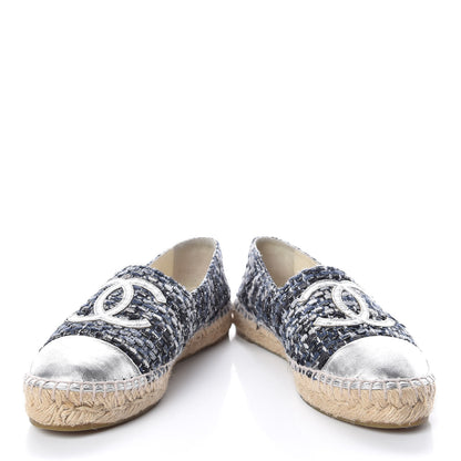 Chanel Metallic Tweed Lambskin CC Espadrilles 37 Blue Black Silver 5 of 12