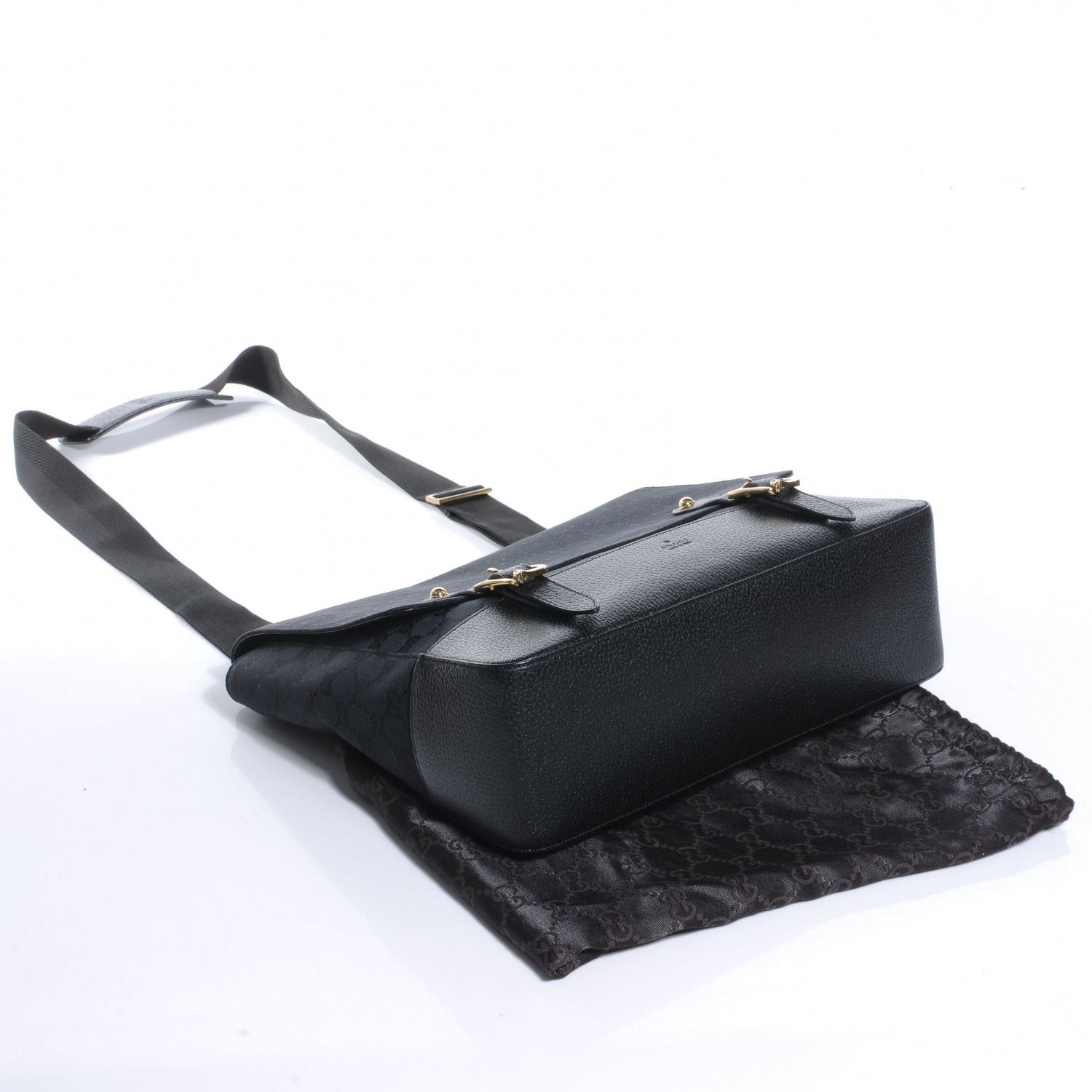 Gucci Monogram Calfskin Double Buckle Flap Messenger Bag Black 4 of 7