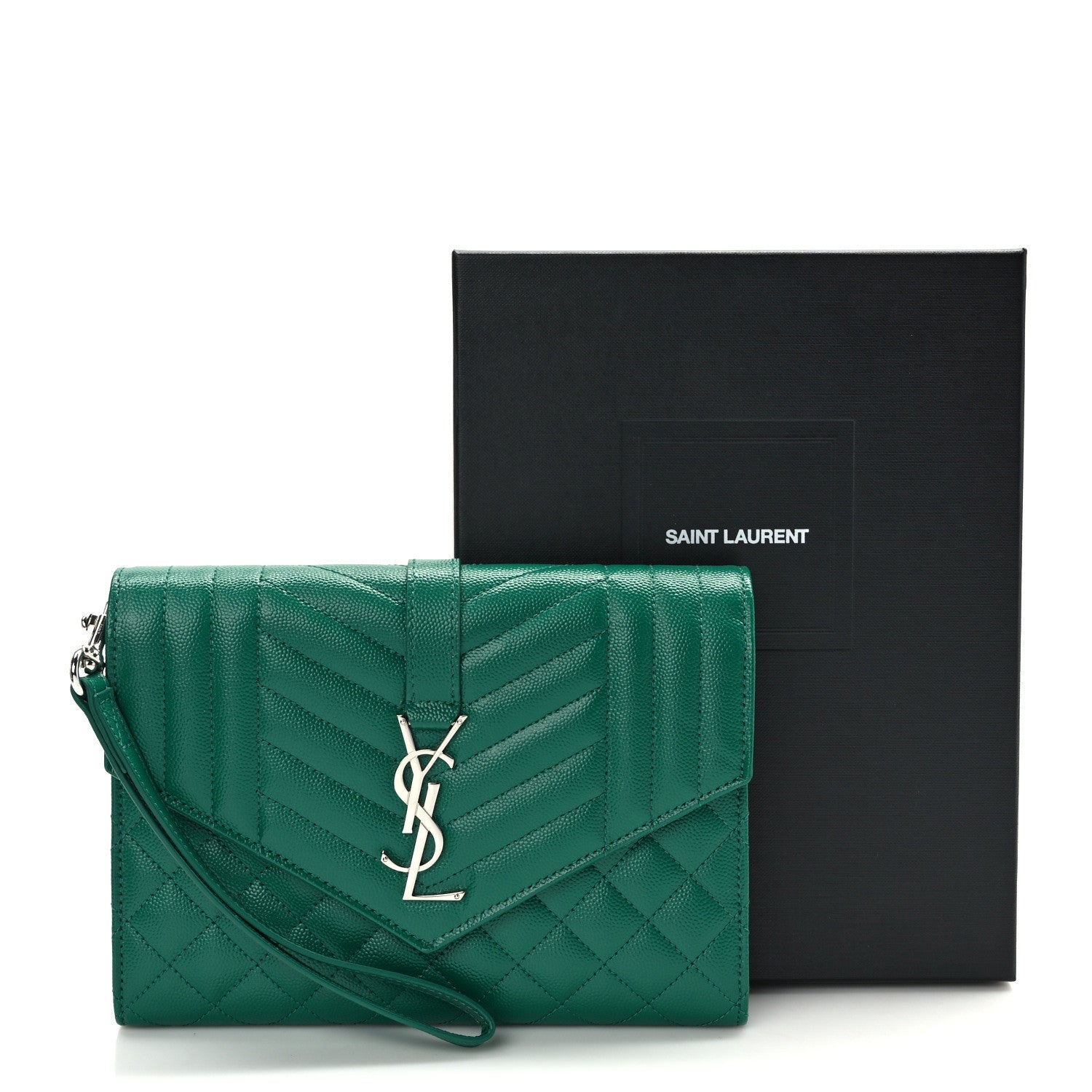 Saint Laurent Grain De Poudre Textured Mixed Matelasse Triquilt Monogram Clutch Green Field 7 of 7