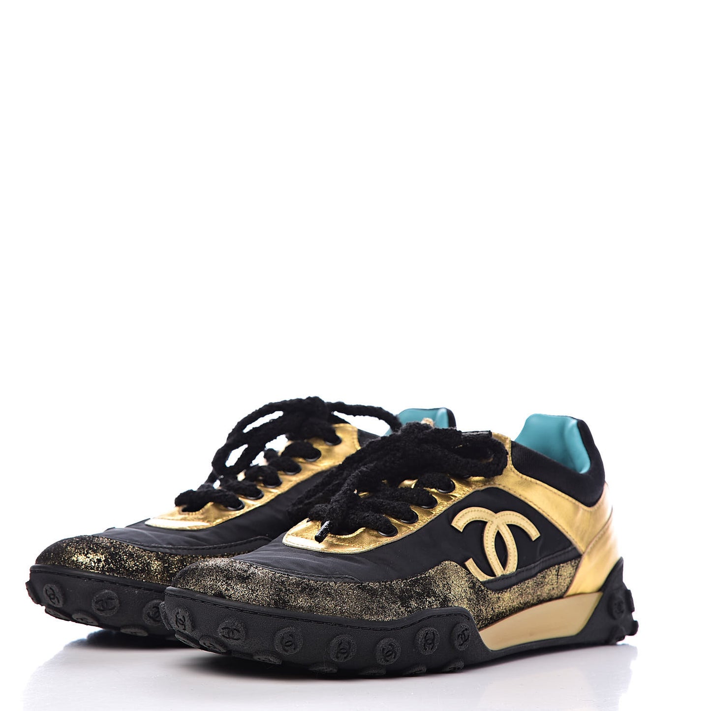 Metallic Lambskin Satin Finish Womens CC Sneakers 40 Black Gold