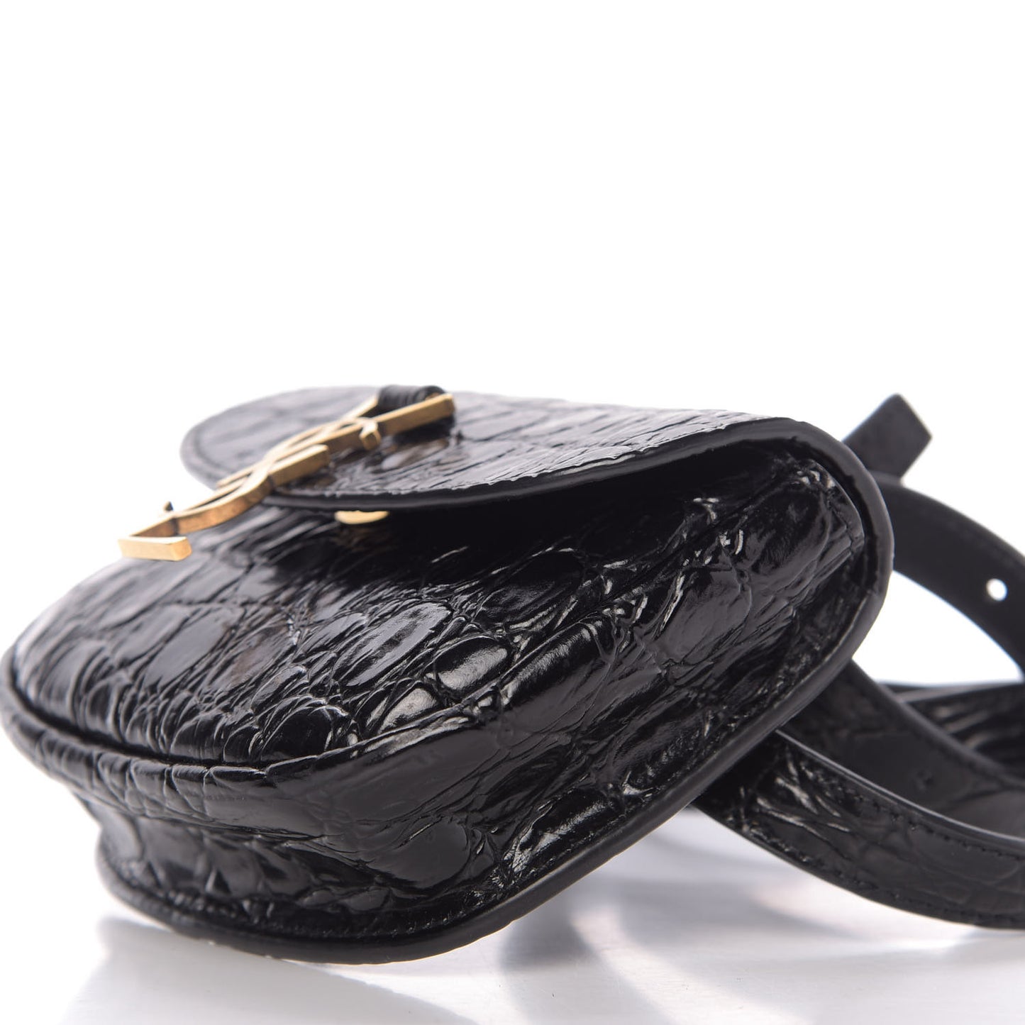 Shiny Calfskin Crocodile Embossed Monogram Kaia Belt Bag Black