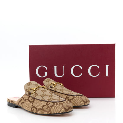 Gucci Monogram Jumbo GG Malaga Kid Womens Princetown Slippers 38 Camel Ebony New Acero Beige 10 of 10