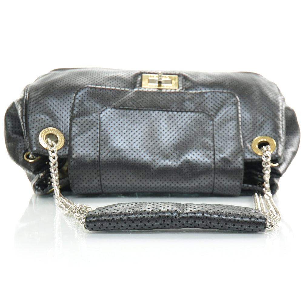Metallic Calfskin Perforated Large Drill Accordion Flap Black