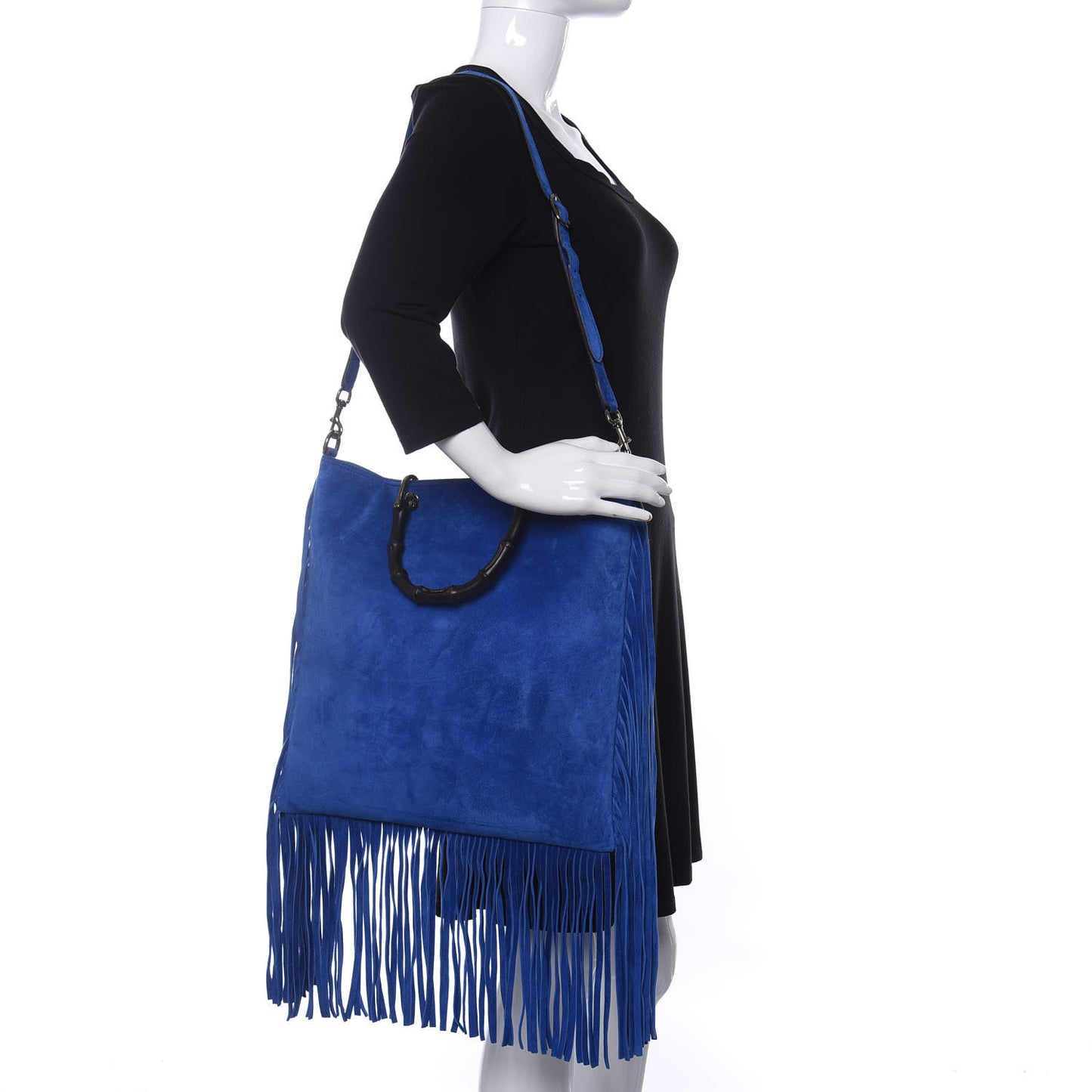 Suede Bamboo Fringe Small Shopper Tote Blue