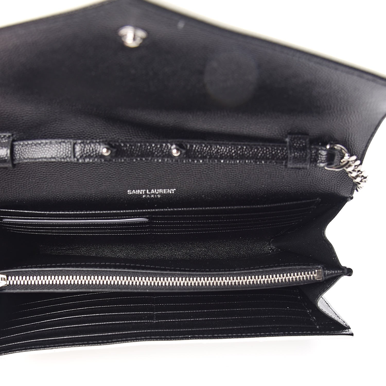 Saint Laurent Grain De Poudre Matelasse Bi-Color Chevron Monogram Chain Wallet White Black 5 of 10