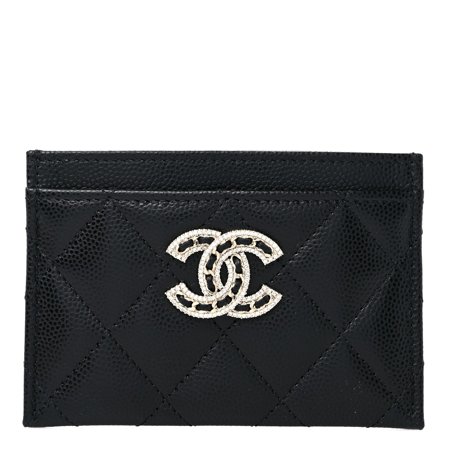 Caviar Quilted Crystal Card Holder Black