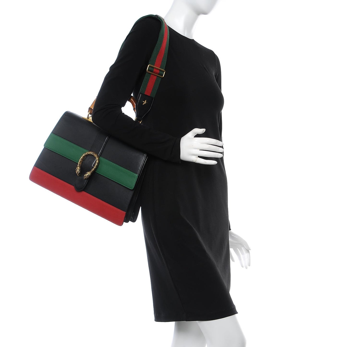 Calfskin Bamboo Web Large Dionysus Top Handle Bag Black Bright Evergreen Hibiscus Red
