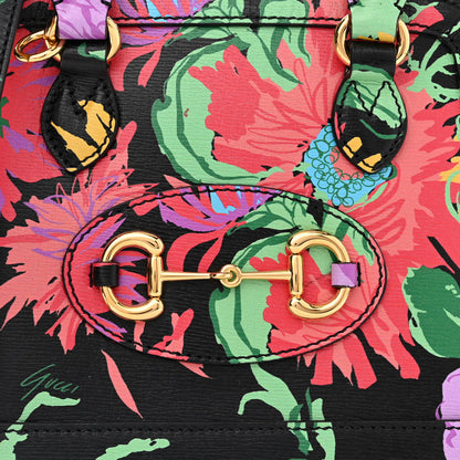 Gucci X KEN SCOTT New Shangai Calfskin Jenny Floral Print Mini Horsebit 1955 Top Handle Bag Black Pink 8 of 10