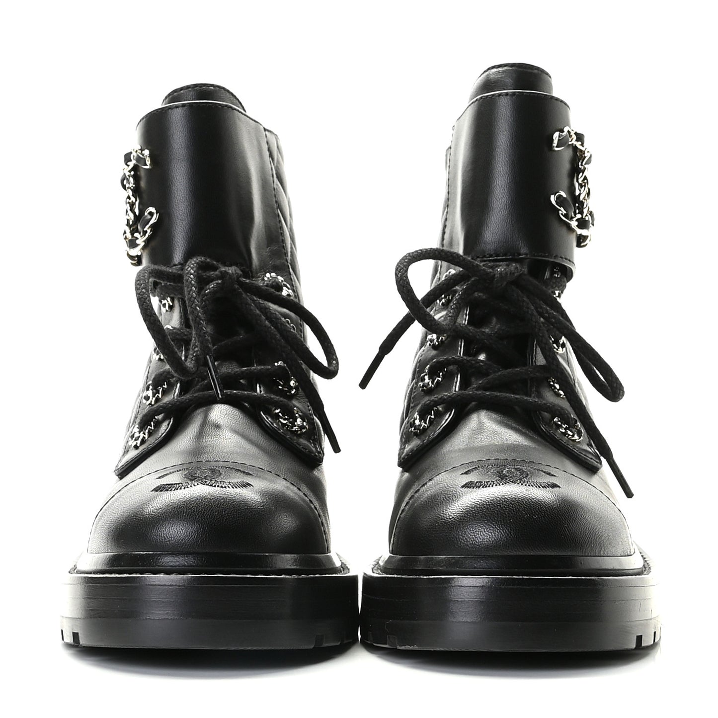 Shiny Lambskin Quilted Lace Up Combat Boots 36 Black