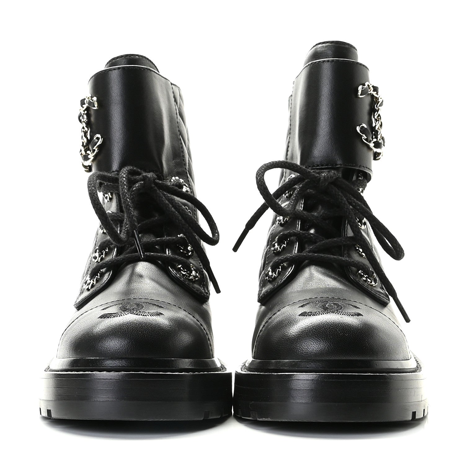 Chanel Shiny Lambskin Quilted Lace Up Combat Boots 36 Black 3 of 11
