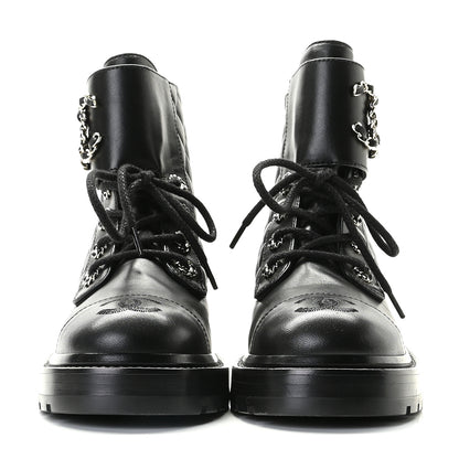 Chanel Shiny Lambskin Quilted Lace Up Combat Boots 36 Black 3 of 11