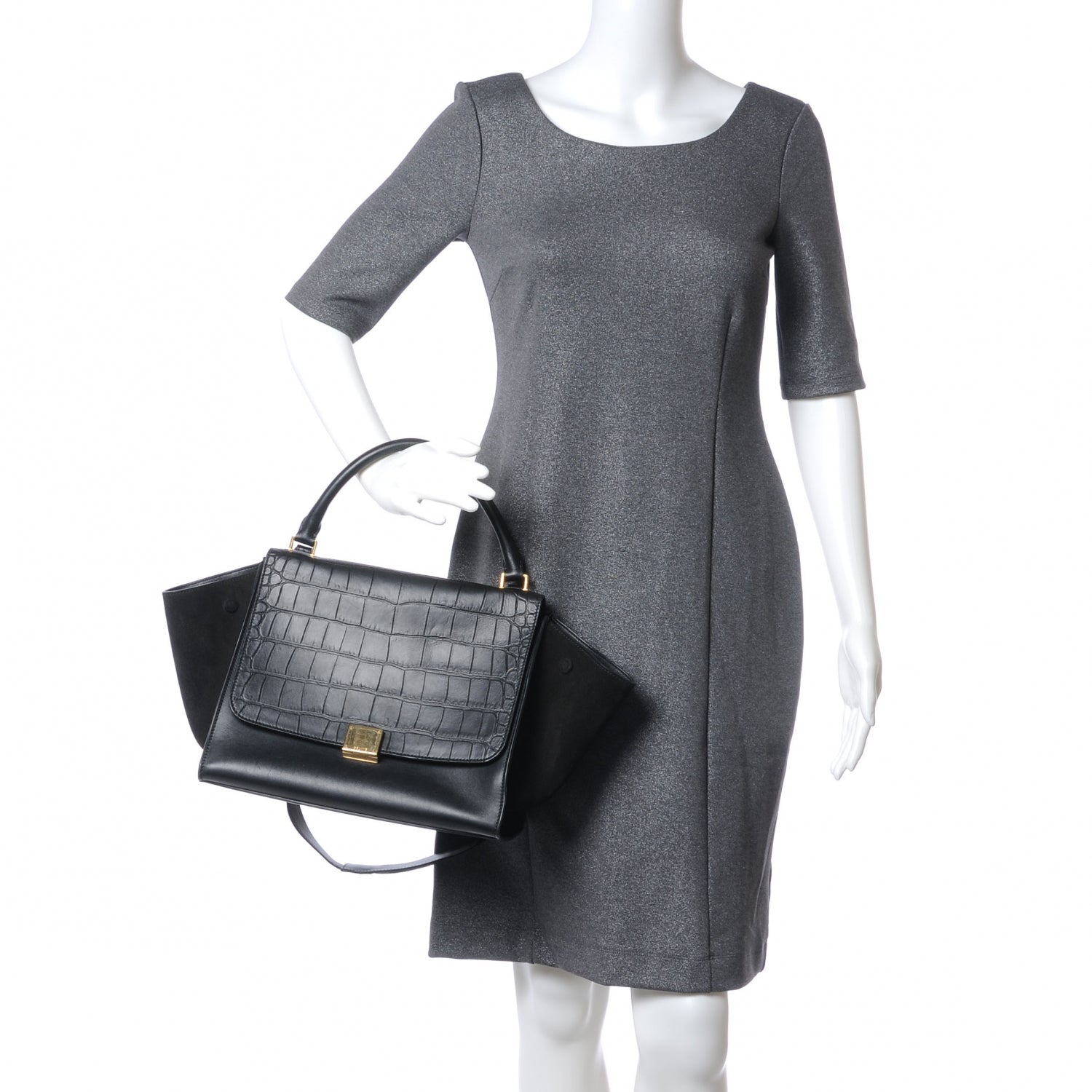 Celine Crocodile Embossed Small Trapeze Black 2 of 7