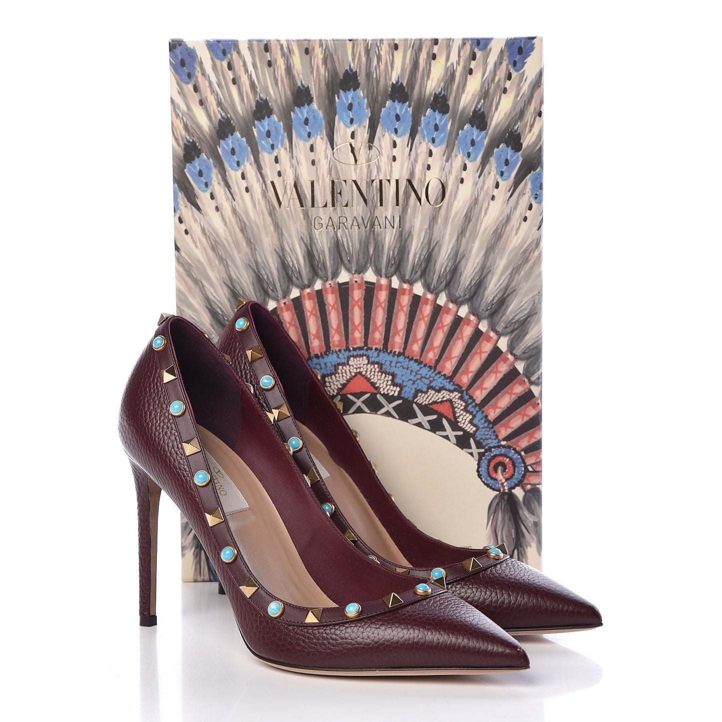 Pebbled Calfskin Rockstud Rolling 100mm Pumps 39 Rubin