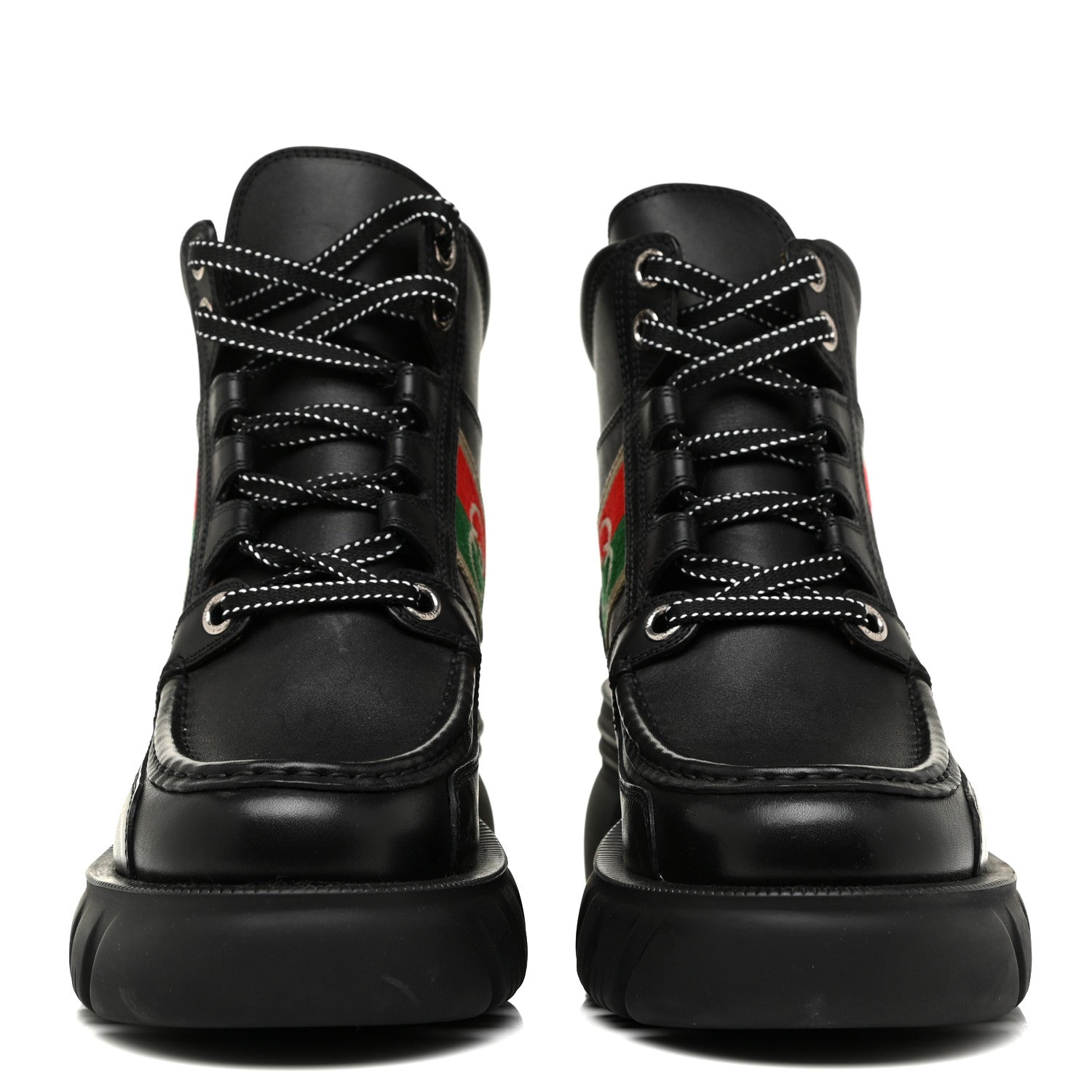 Gucci Quebec Calfskin Web Womens Interlocking G Lace Up Combat Boots 37 Black Mystic White Green Red 2 of 11