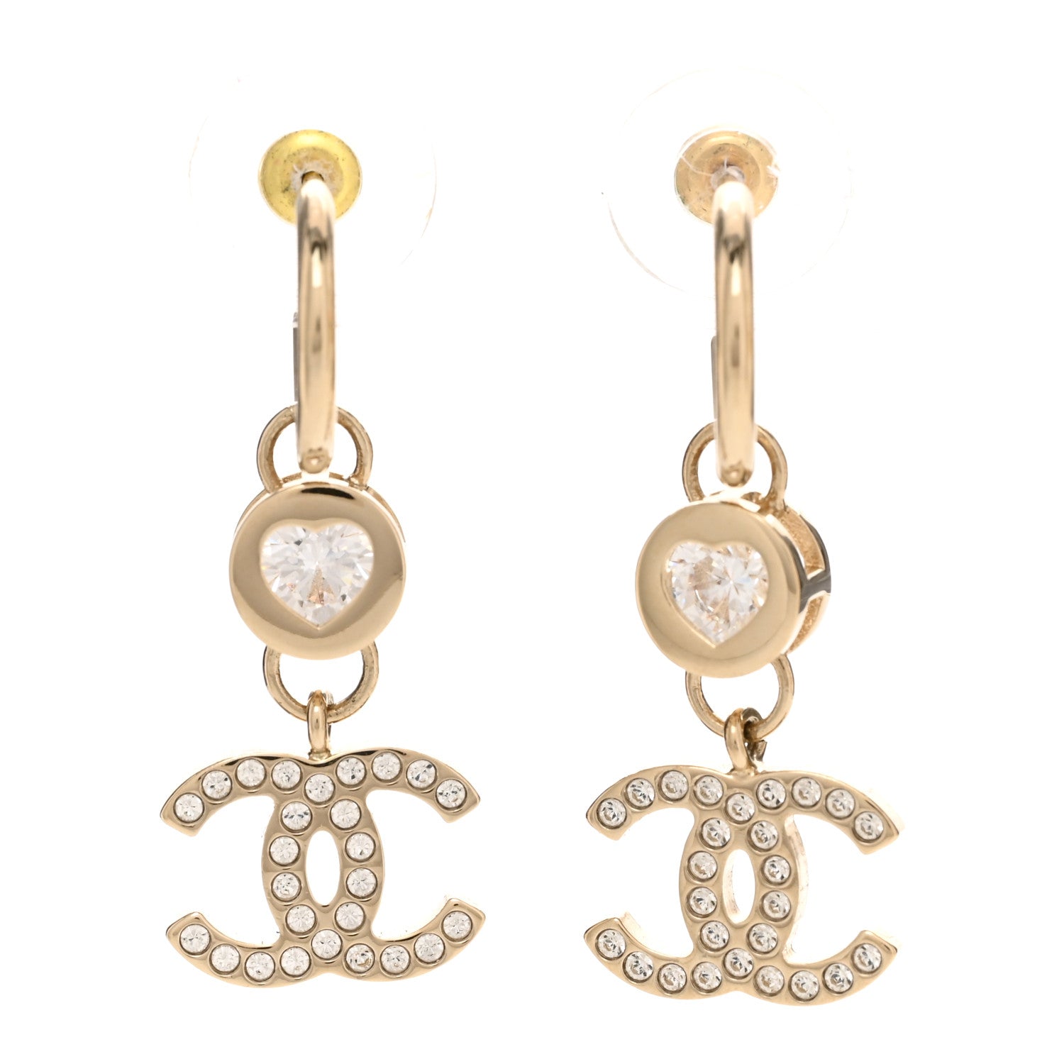 Chanel Metal Crystal CC Hoop Drop Earrings Gold 1 of 4