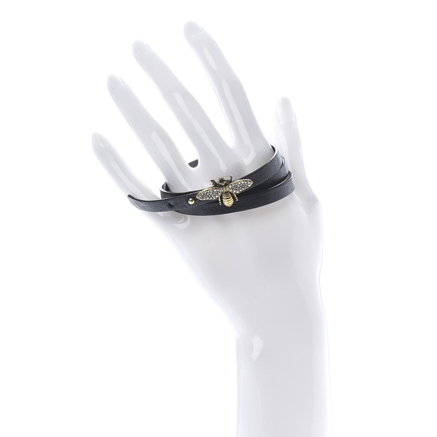 Calfskin Crystal Bee Triple Loop Bracelet Black