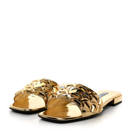 Prada Metallic Calfskin Metal Studded Triangle Logo 10mm Slide Sandals 38.5 Platino 3 of 7