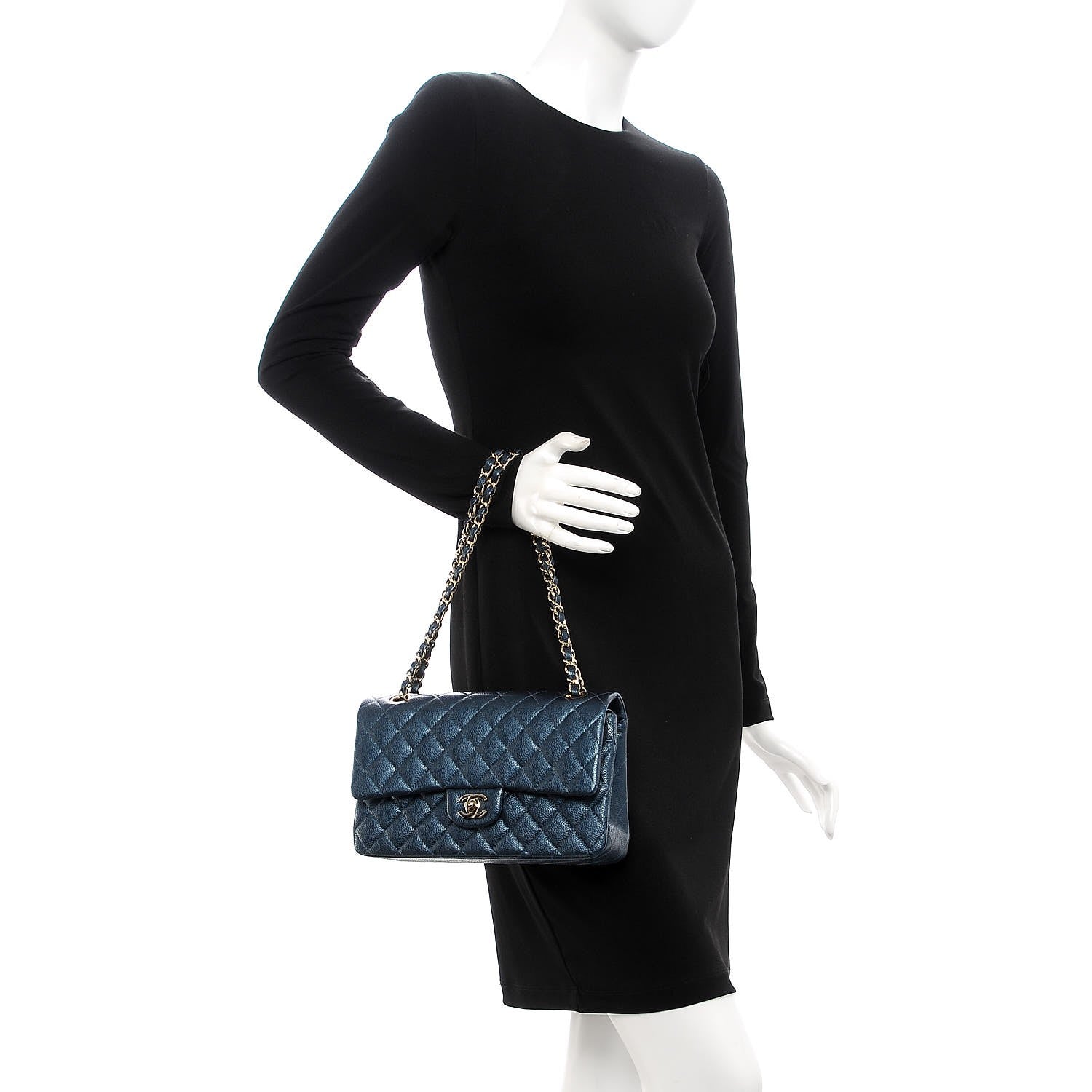 Chanel Metallic Caviar Quilted Medium Double Flap Dark Blue 3 of 8
