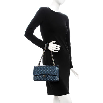 Chanel Metallic Caviar Quilted Medium Double Flap Dark Blue 3 of 8