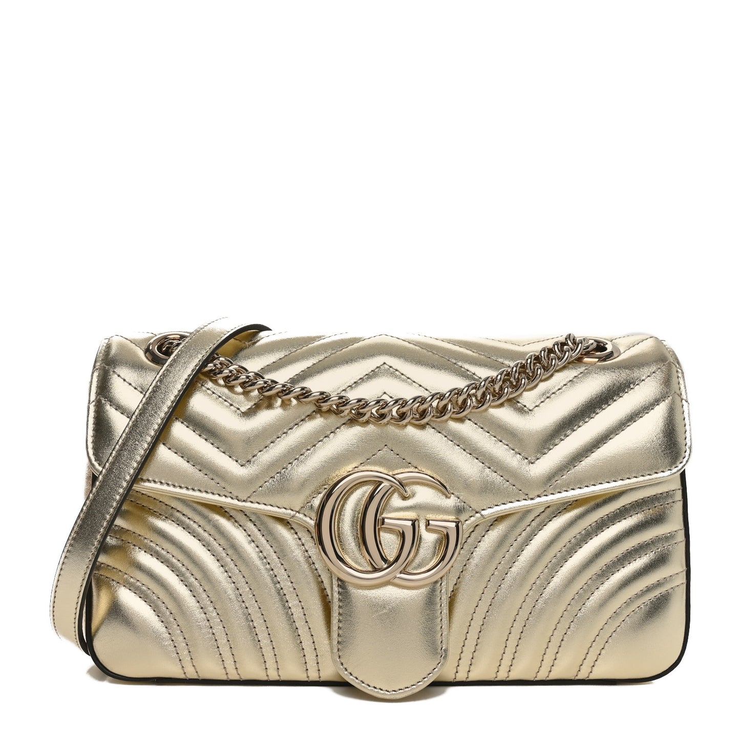 Metallic Calfskin Matelasse Small GG Marmont Shoulder Bag Platino