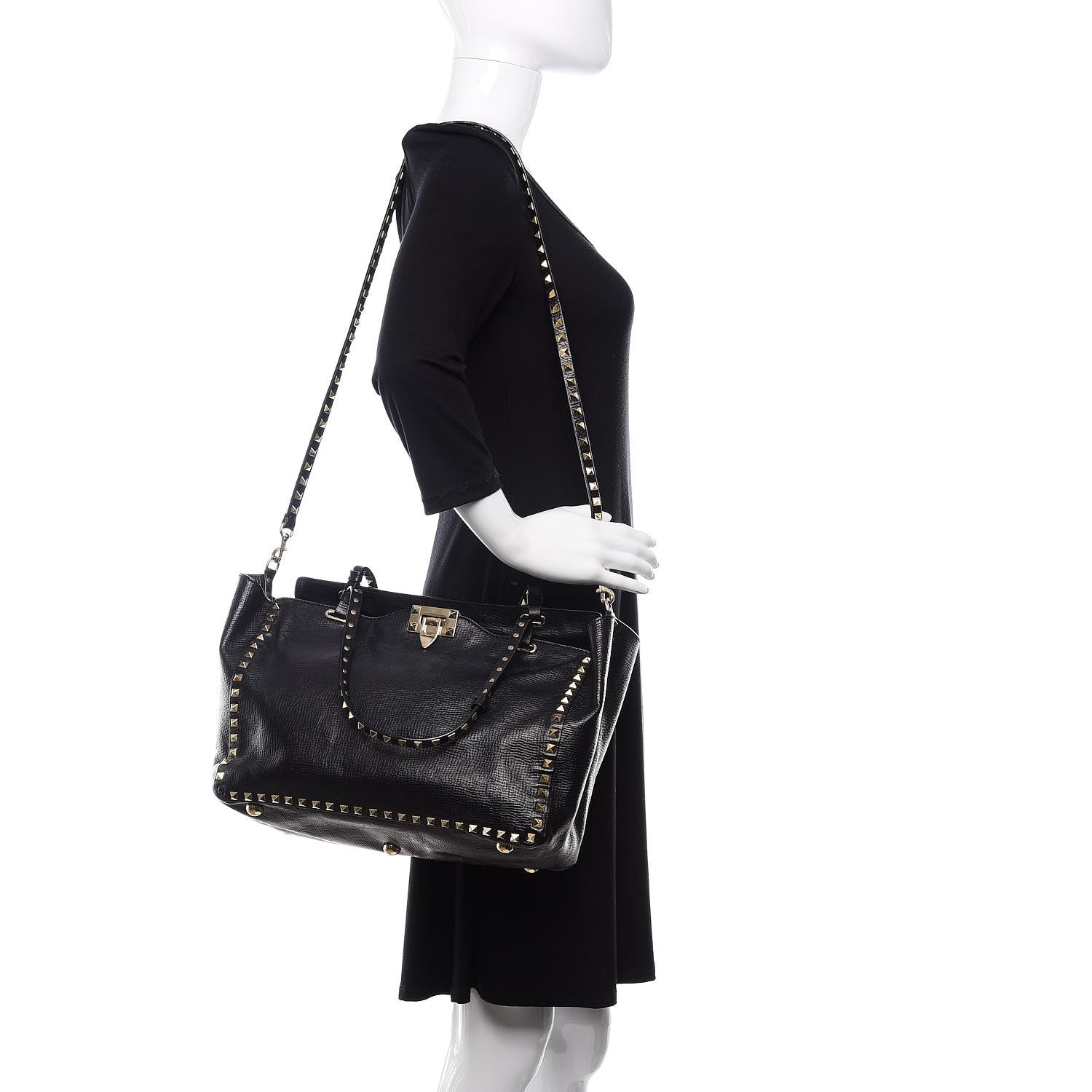 Valentino Garavani Textured Calfskin Medium Rockstud Tote Black 2 of 19