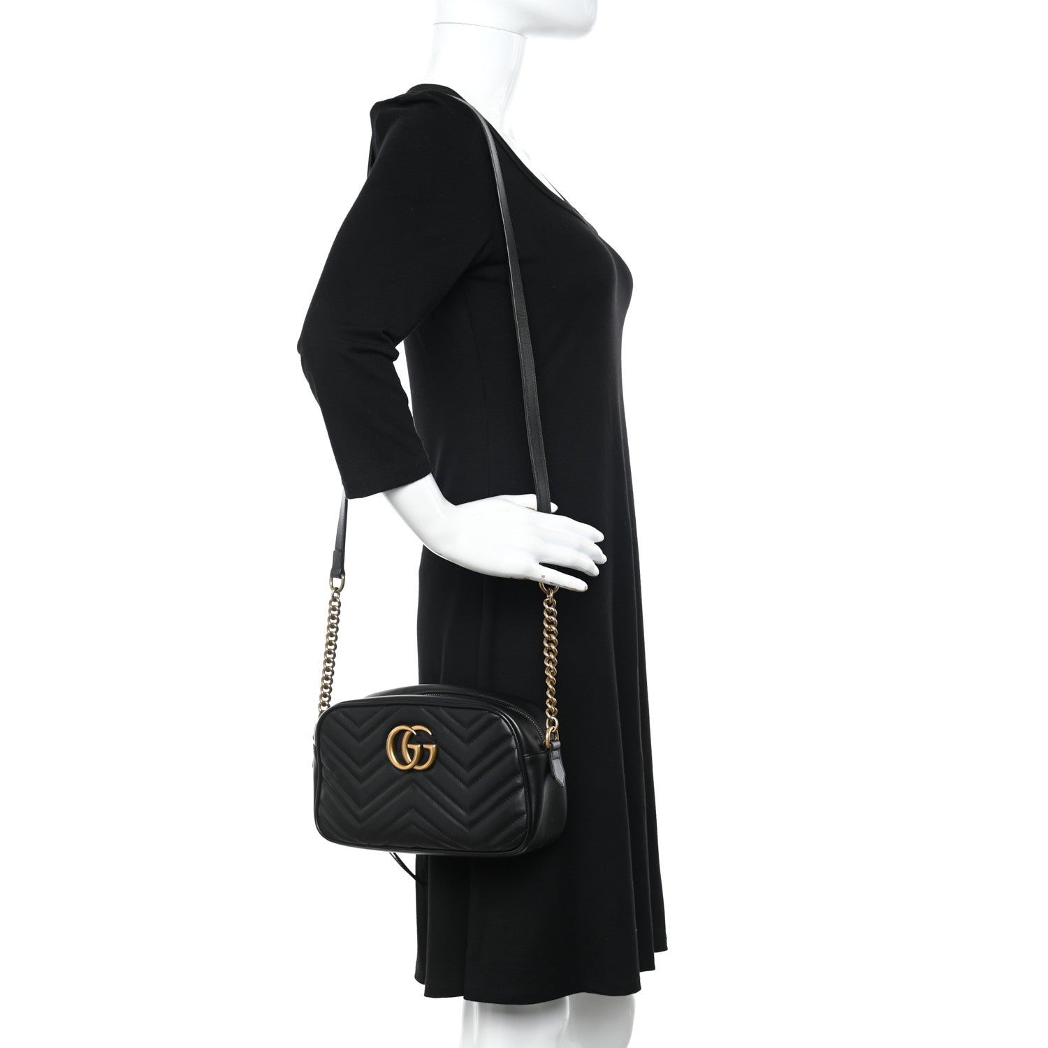Gucci Calfskin Matelasse Small GG Marmont Chain Shoulder Bag Black 2 of 10