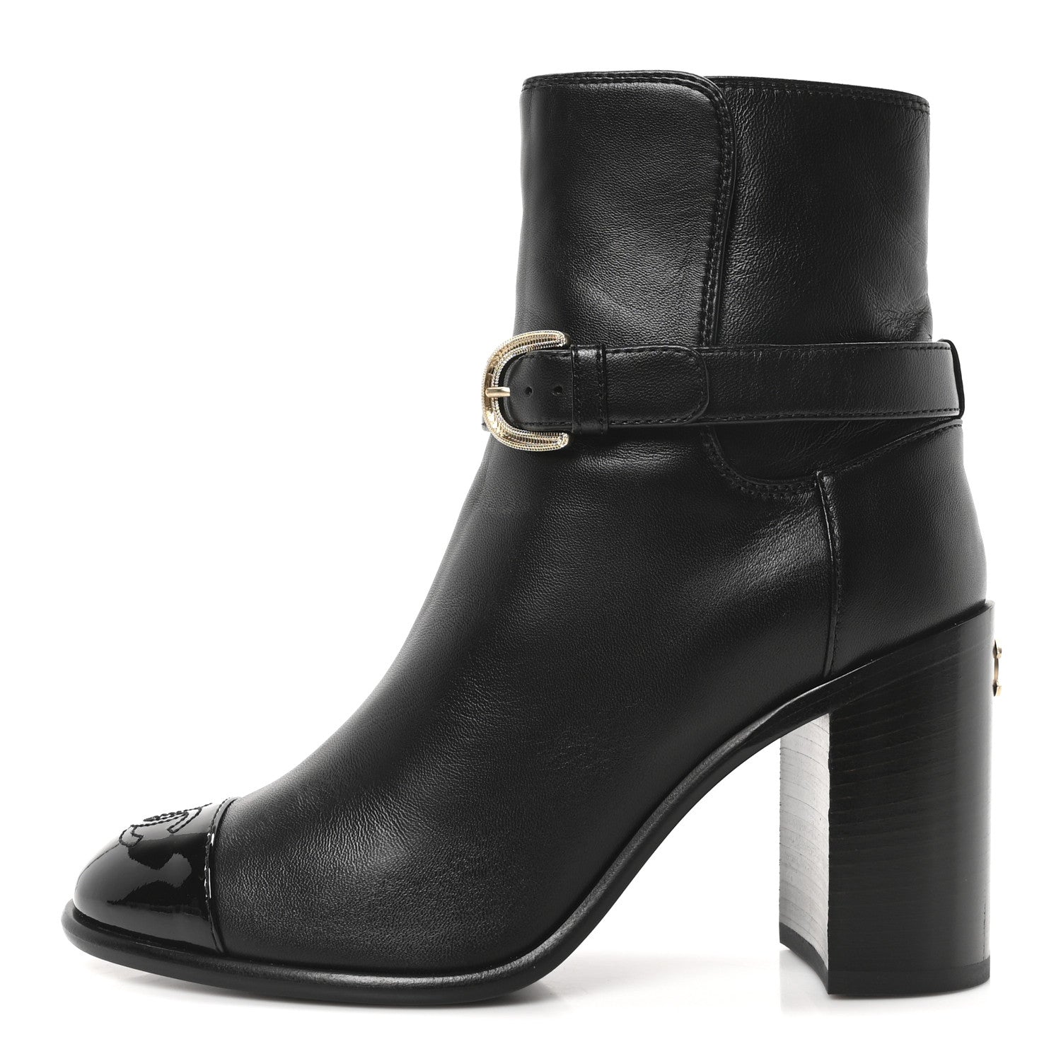 Chanel Calfskin Patent Cap Toe Interlocking CC Ankle Boots 37 Black 1 of 9