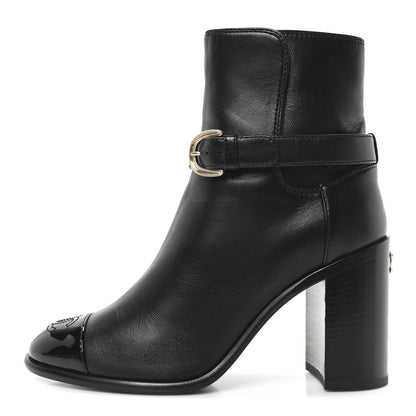 Chanel Calfskin Patent Cap Toe Interlocking CC Ankle Boots 37 Black 1 of 9