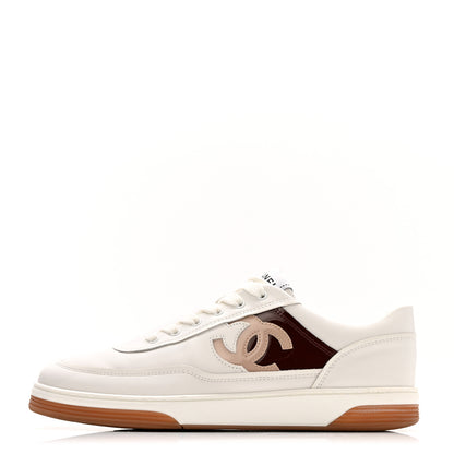 Chanel Calfskin Patent Womens CC Sneakers 37 White Burgundy Beige 1 of 10