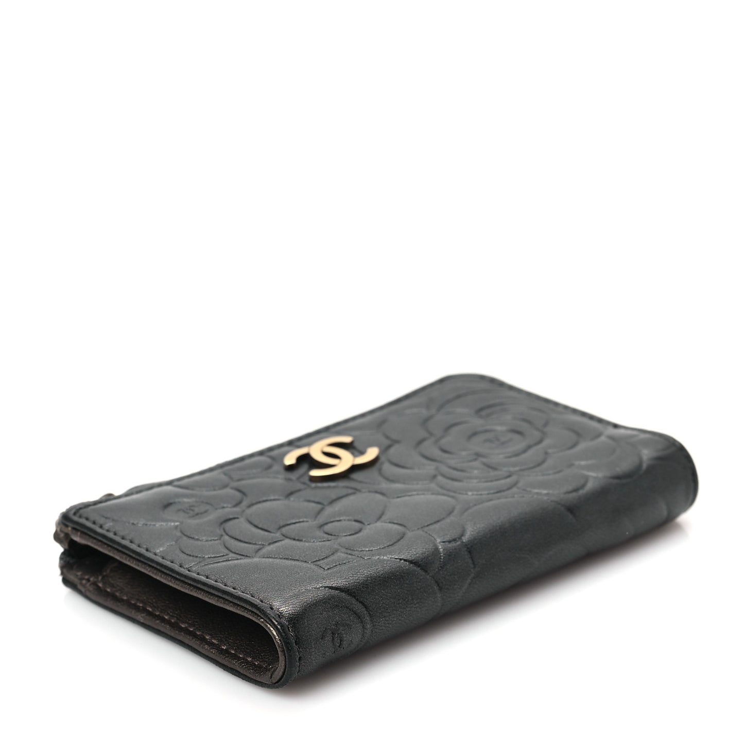 Lambskin Camellia Embossed Key Holder Case Black