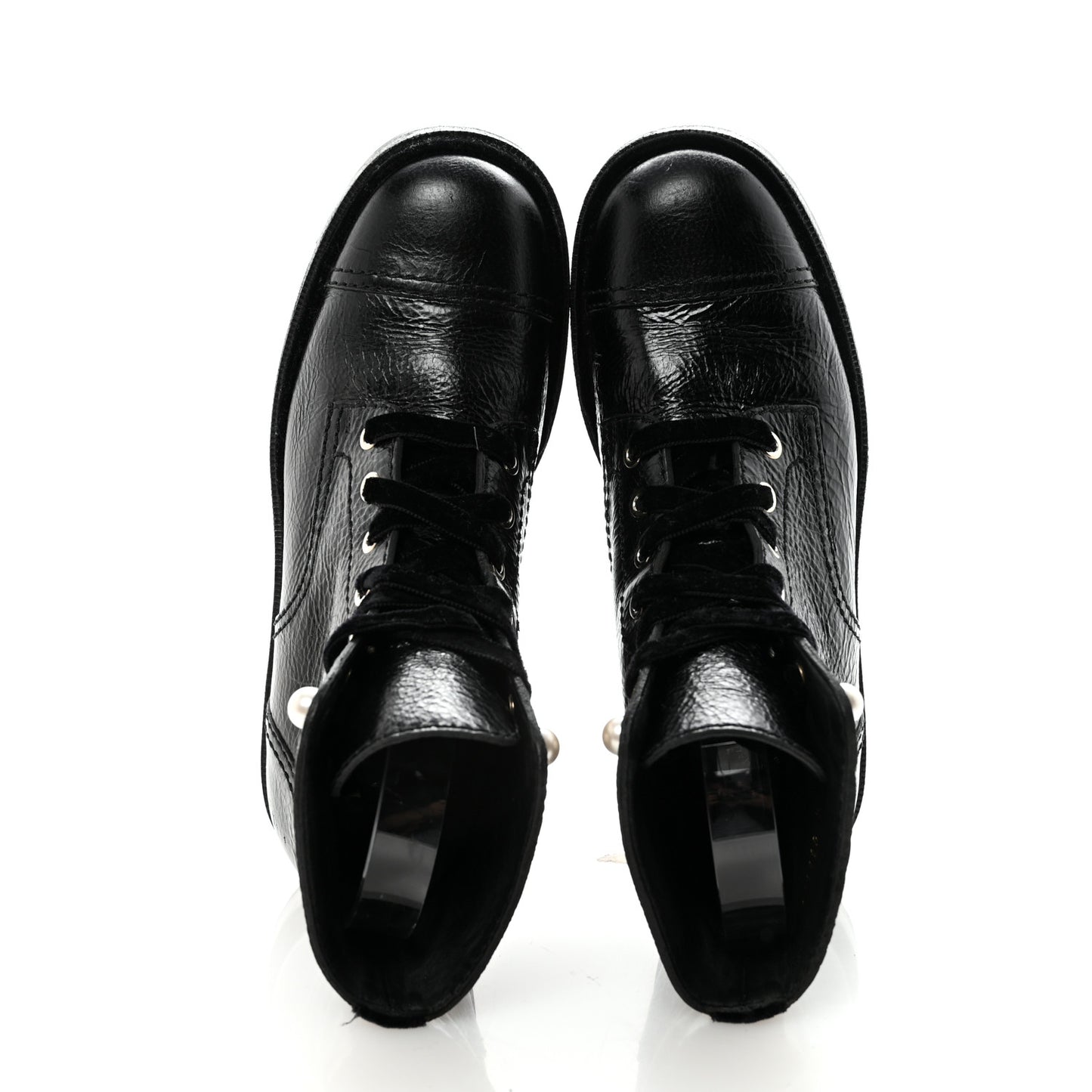 Shiny Calfskin Velvet Pearl Combat Short Boots 38.5 Black