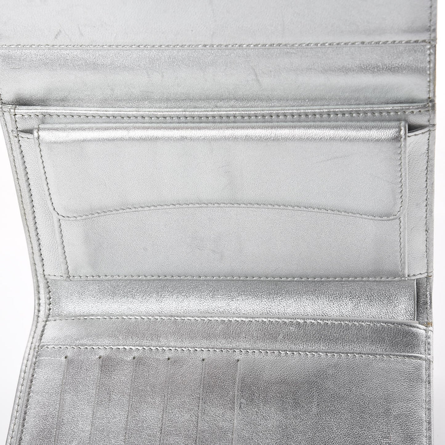 Metallic Lambskin Quilted Long Flap Wallet Silver