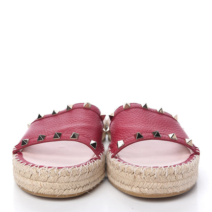 Valentino Garavani Grained Calfskin Rockstud Espadrille Flat Slide Sandals 39 Red 2 of 9