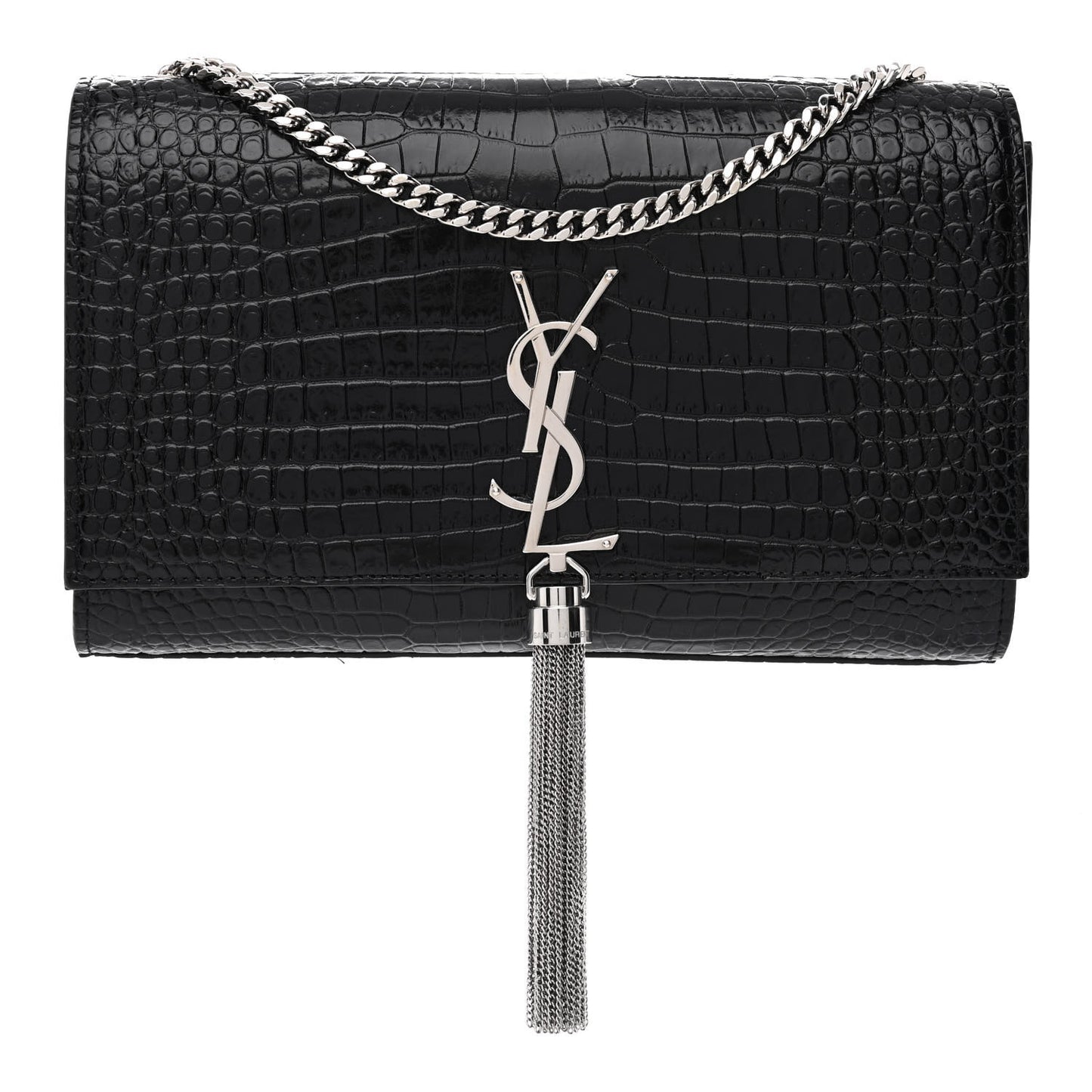 Calfskin Crocodile Embossed Medium Classic Monogram Kate Tassel Satchel Black
