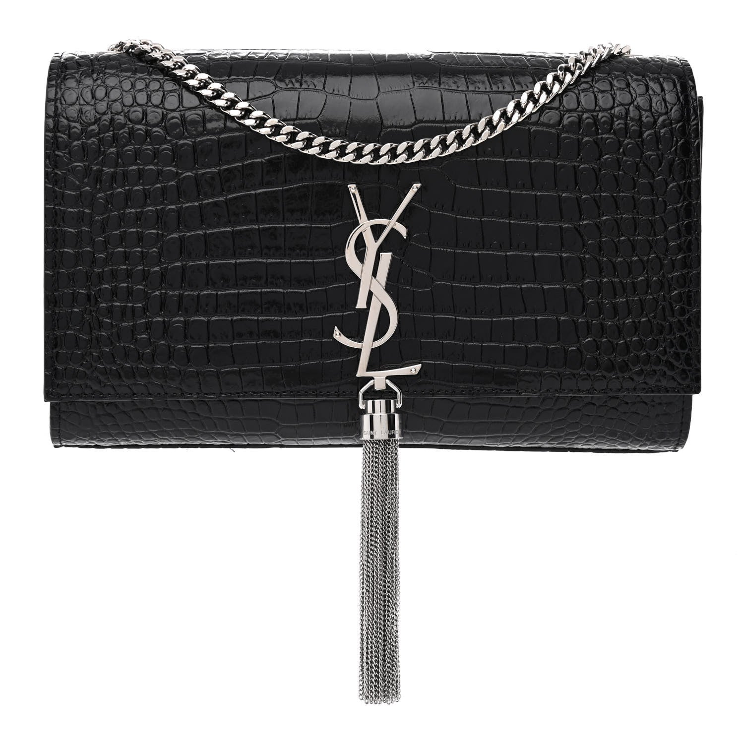 Saint Laurent Calfskin Crocodile Embossed Medium Classic Monogram Kate Tassel Satchel Black 1 of 11