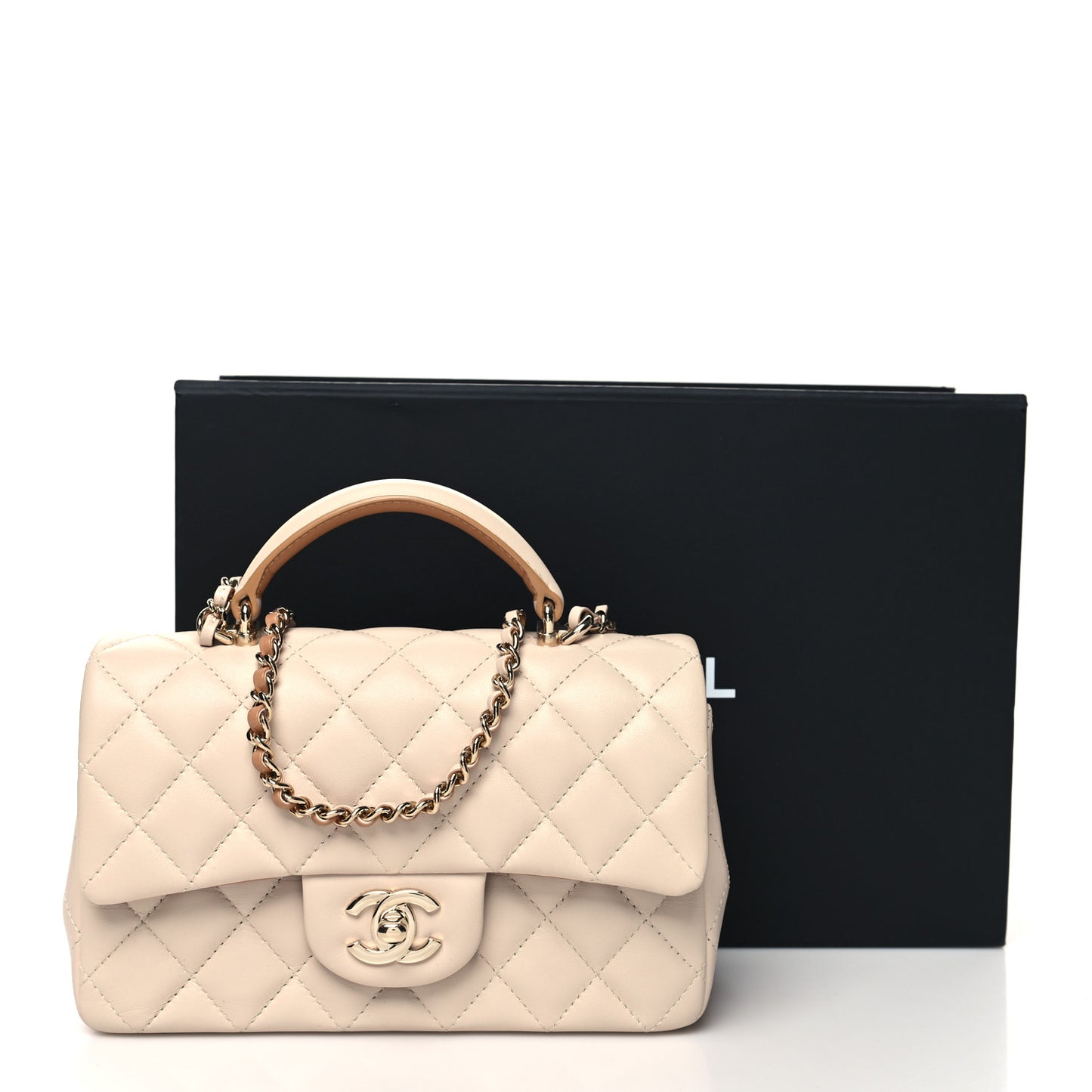 Lambskin Quilted Bi-Color Mini Top Handle Rectangular Flap Ecru Dark Beige