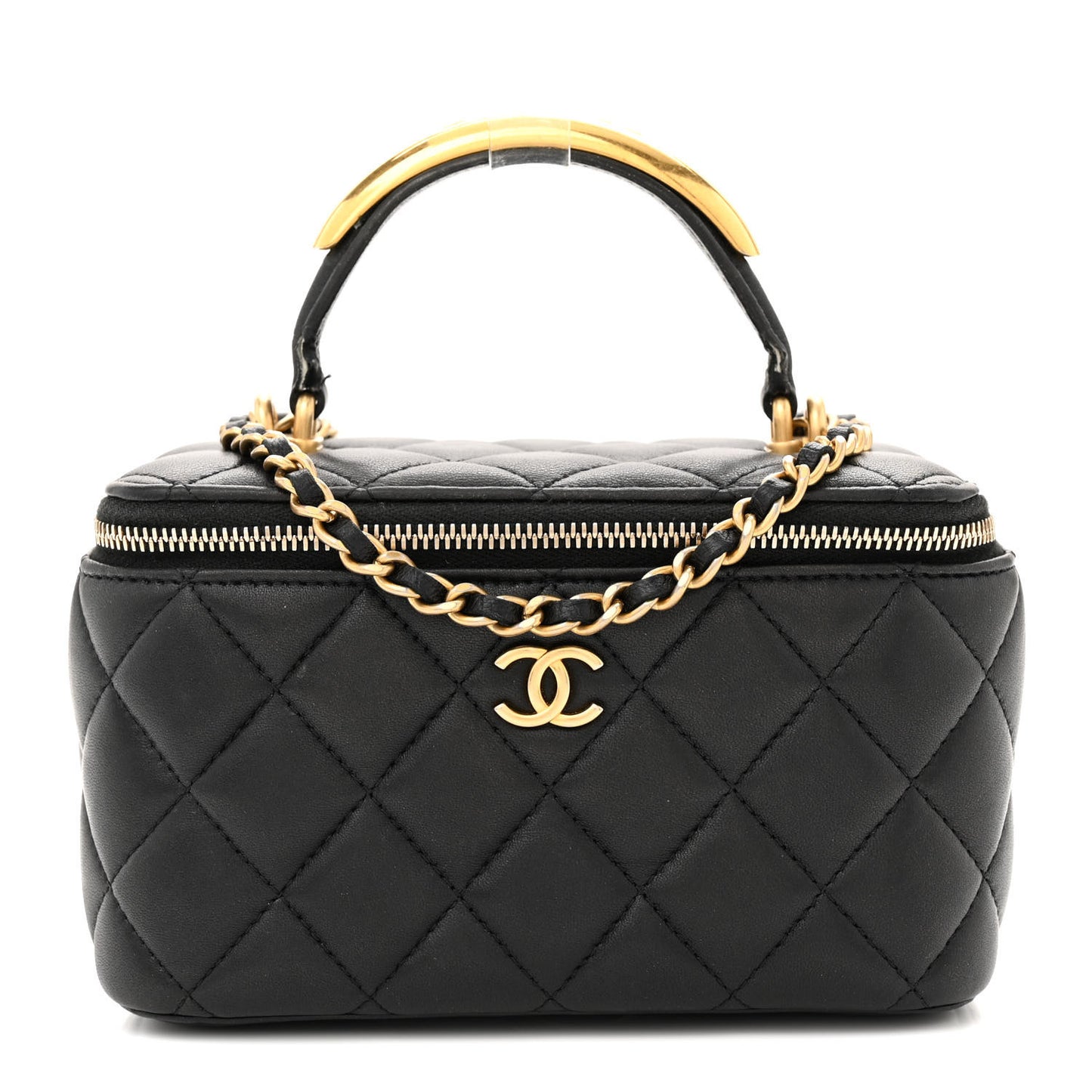 Lambskin Quilted Metal Small Top Handle Vanity Case With Chain Black