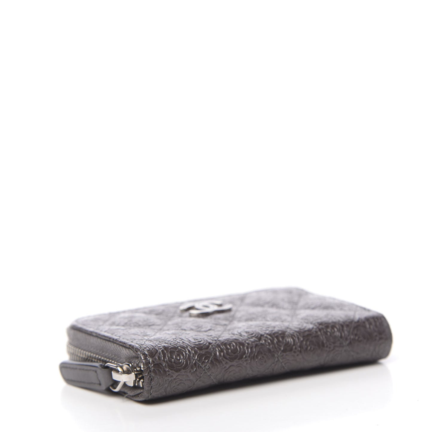 Metallic Calfskin Camellia Embossed Zip Coin Purse Grey