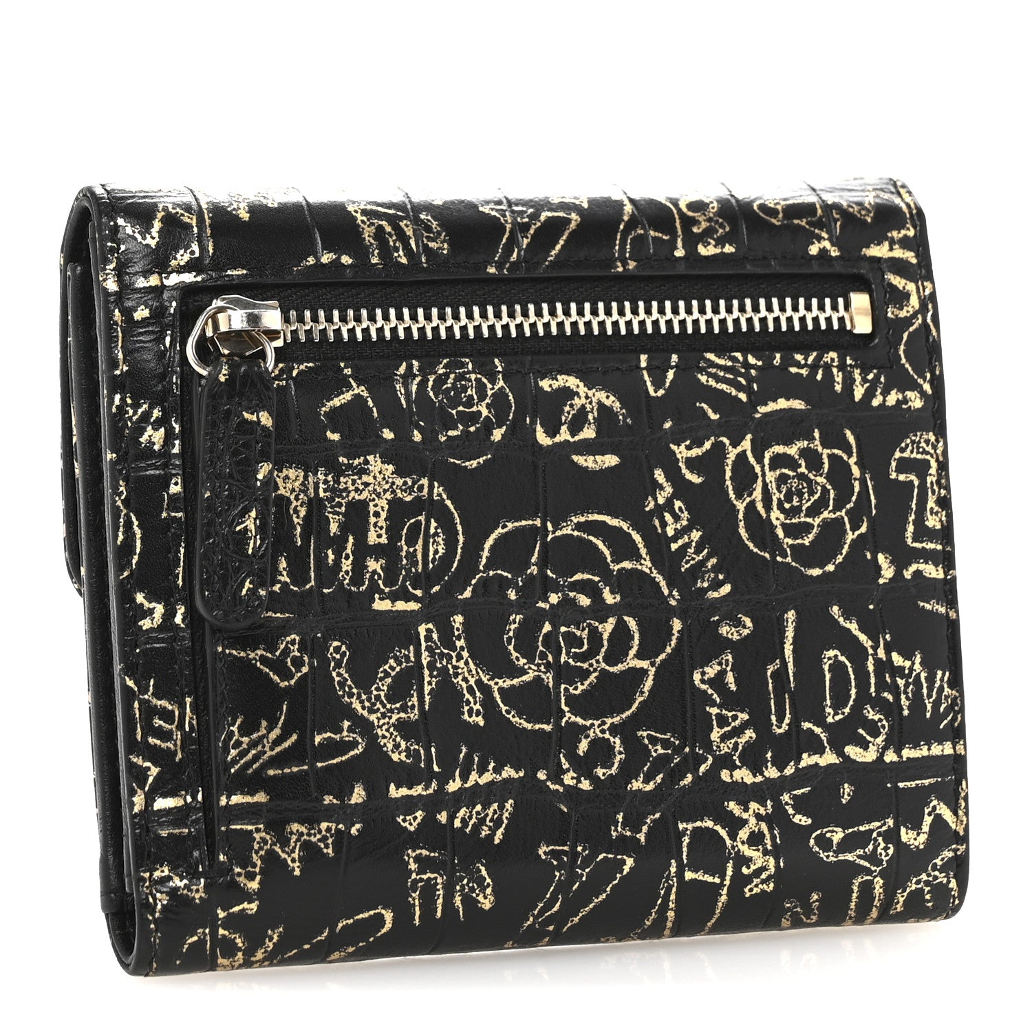 Chanel Calfskin Crocodile Embossed Graffiti 2.55 Cocodile Reissue Compact Wallet Black Gold 2 of 5