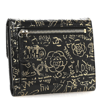 Chanel Calfskin Crocodile Embossed Graffiti 2.55 Cocodile Reissue Compact Wallet Black Gold 2 of 5