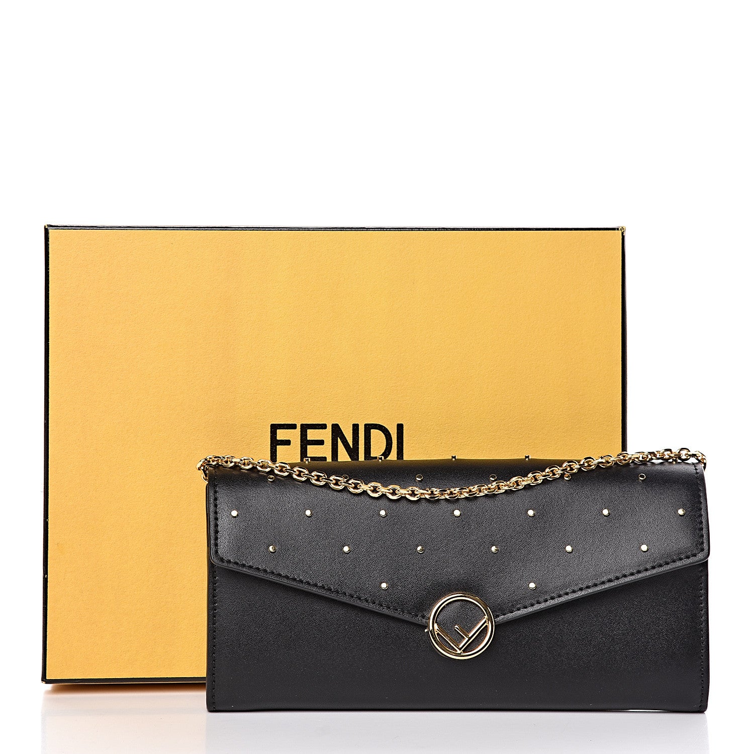 Fendi Vitello Liberty F is Studded Continental Envelope Wallet On Chain Black 10 of 10