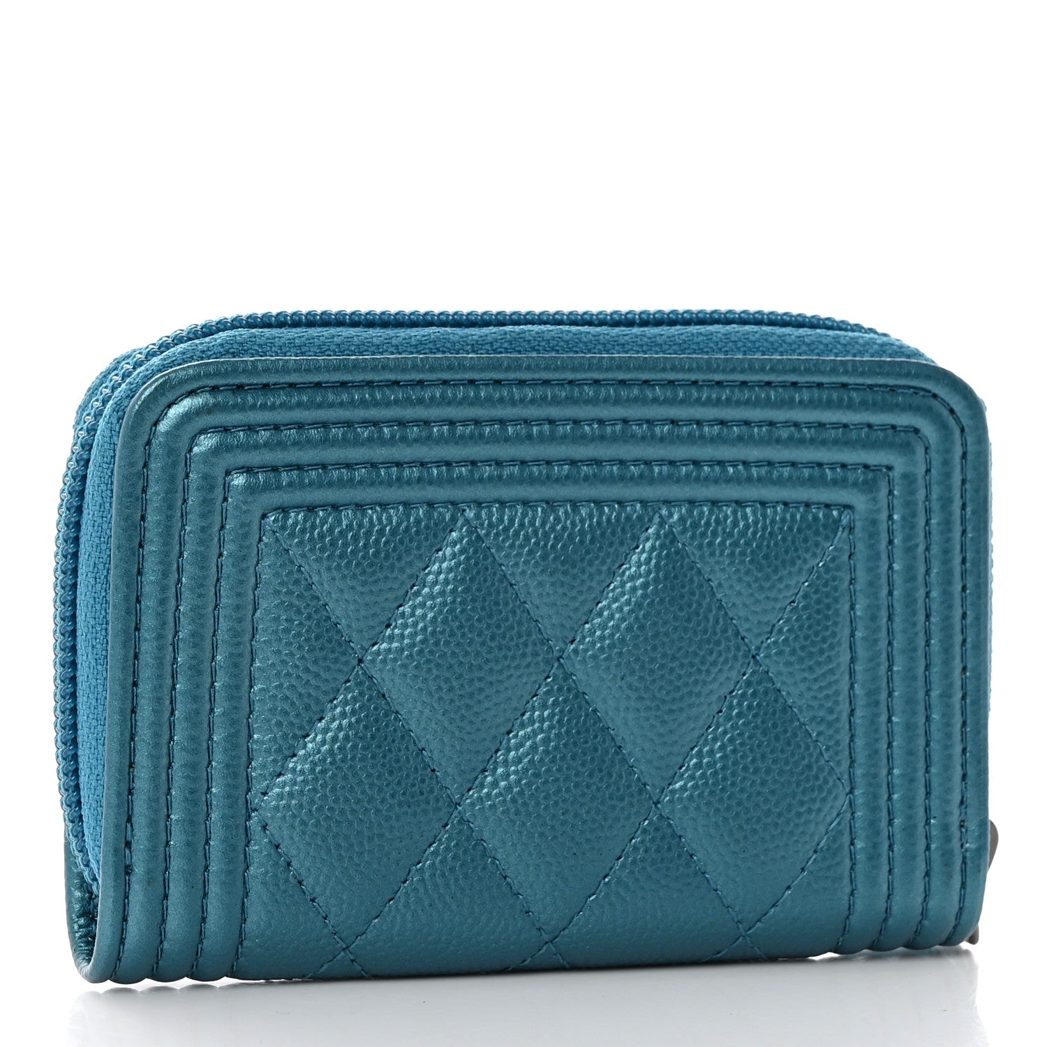 Chanel Metallic Caviar Quilted Boy Zip Around Coin Purse Wallet Turquoise 3 of 8