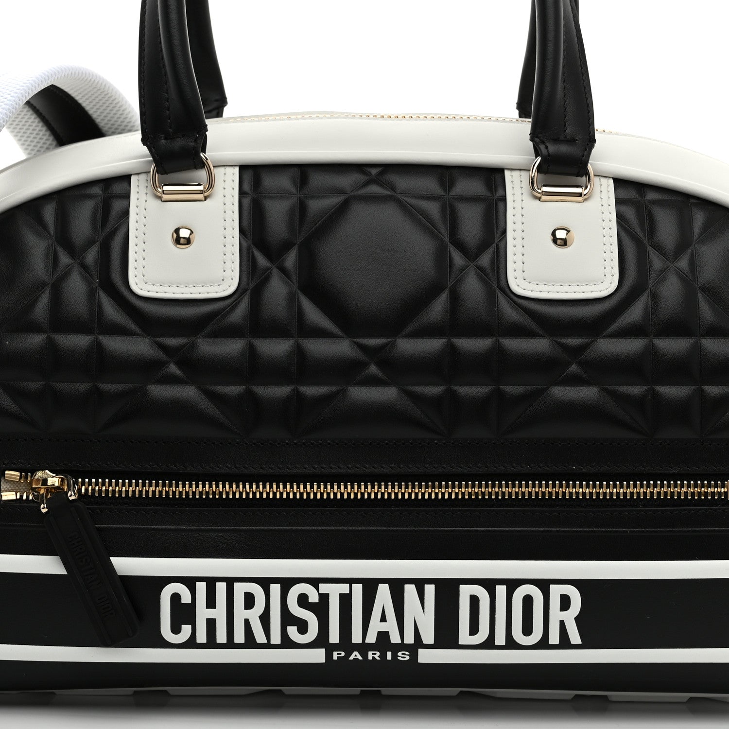 Christian Dior Lambskin Cannage Medium Dior Vibe Zip Bowling Bag Black White 8 of 10
