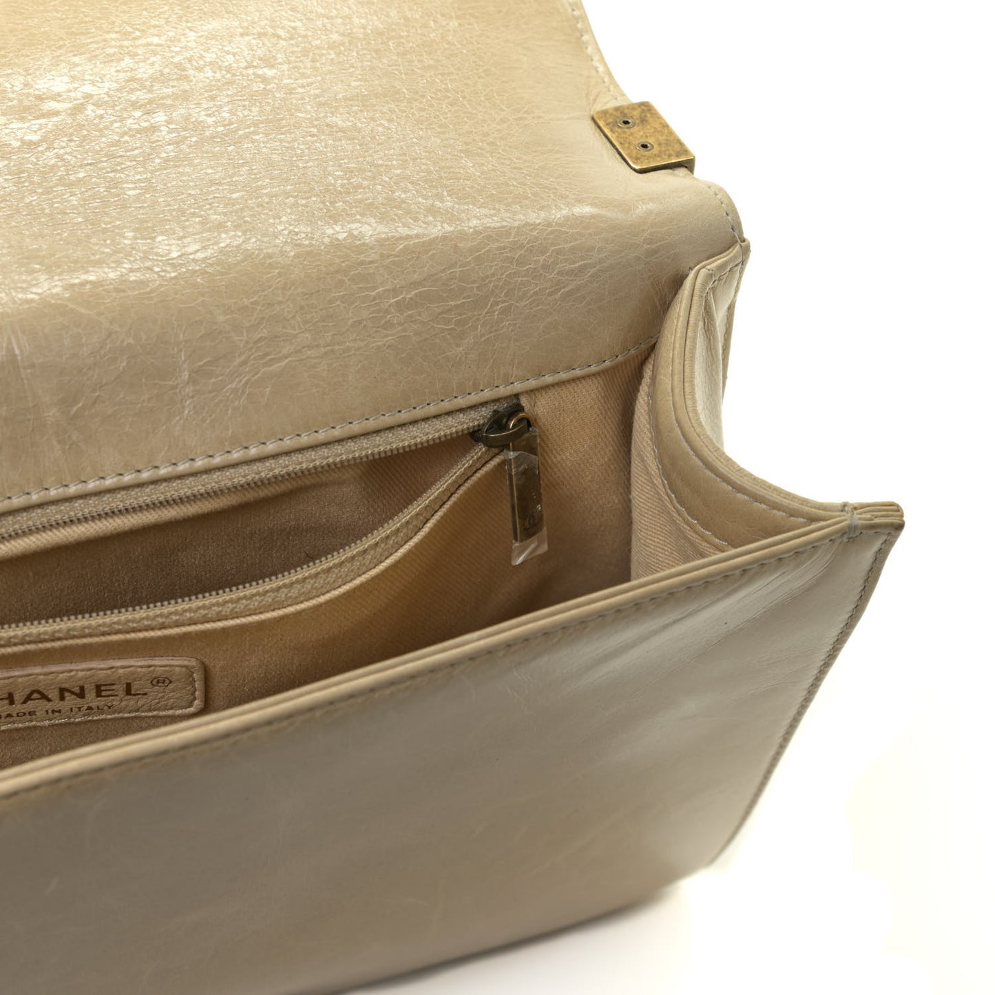Glazed Calfskin Quilted Large Boy Flap Beige