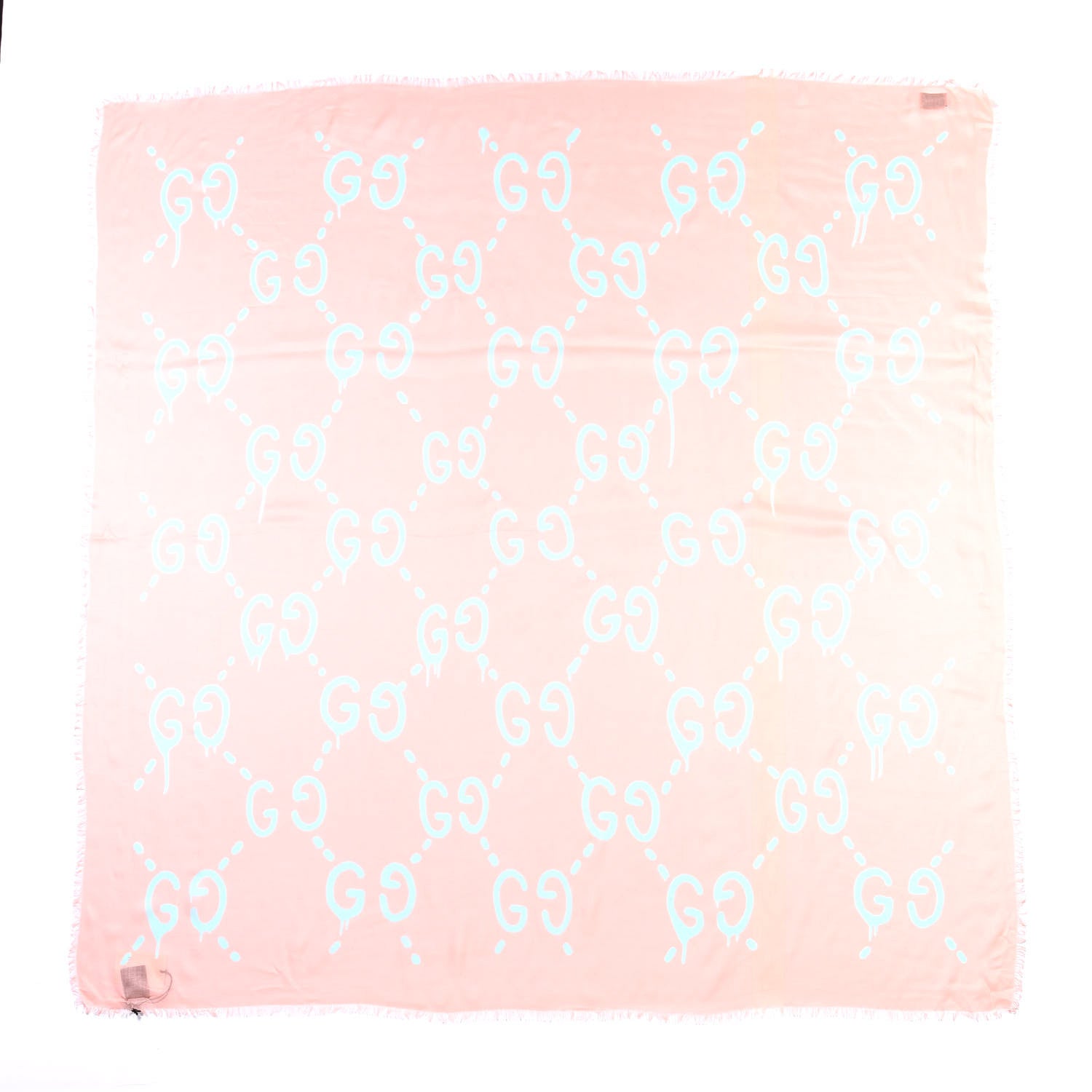 Gucci Modal Silk GG Writers Fringe Shawl Old Rose Sky Blue 1 of 4